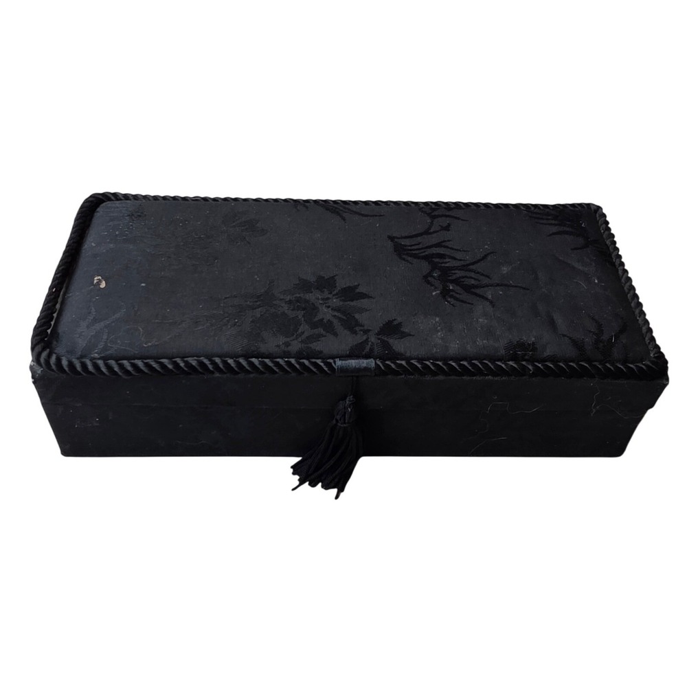 Vintage Black Floral Jacquard Trinket Box with Tassel and Rope Trim‎ 9.5 Inch F2